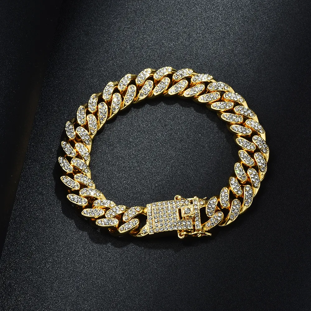 13mm 6/7/8/9/10inch HipHop Gold Silver Rosegold Simulated Iced Out Miami Cuban Link Chain Bracelet