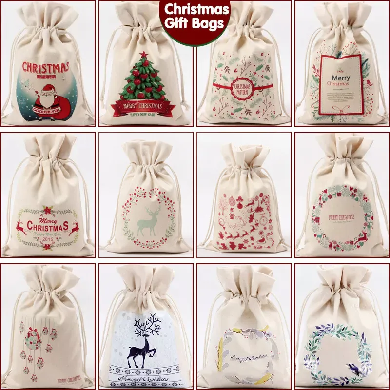 Sacchetto di Natale Sacchetti regalo con coulisse Tela Grande contenitore per caramelle Renne Stampa Organizzatore Tote Sacchetto per sacco di Babbo Natale per bambino VT0732