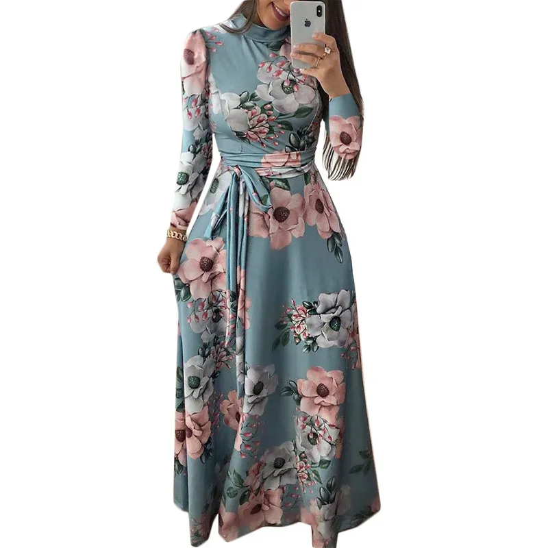 Women Long Dress Floral Print Beach Maxi Dress Casual Long Sleeve Turtleneck Bandage Elegant Long Party Dress Vestidos Plus Size Y19012102