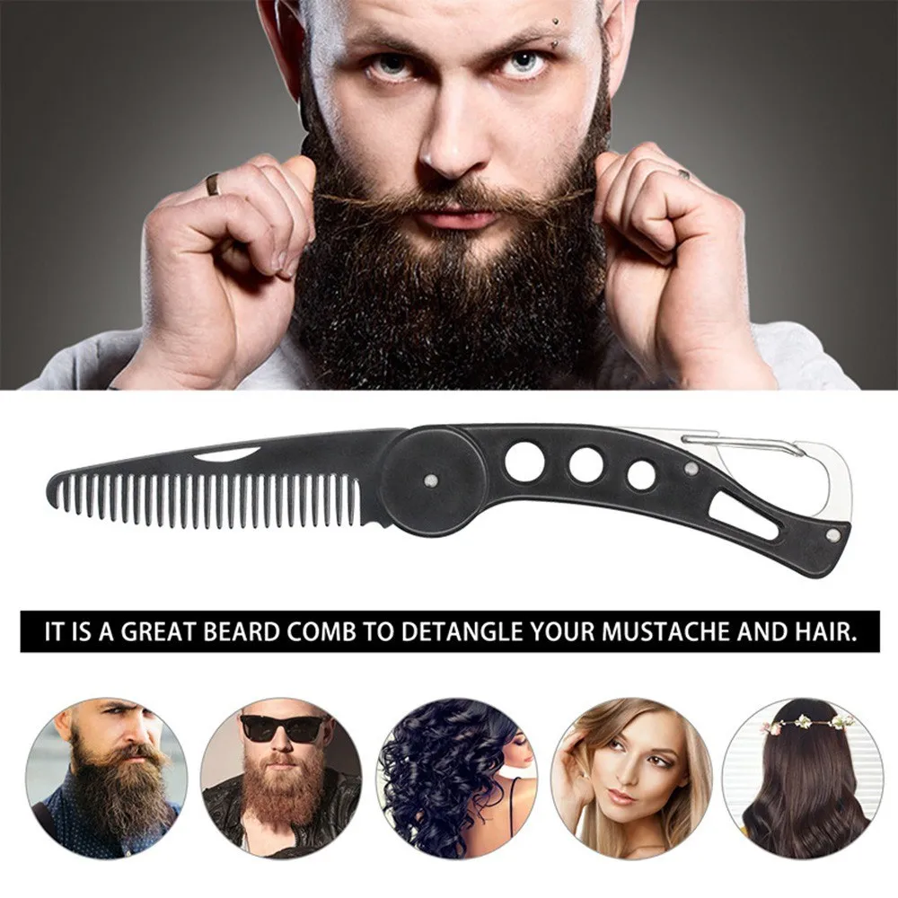 Folding mustasch skägg kammar borstficka stål antistatiska hårkammar hårborste för män kvinnor