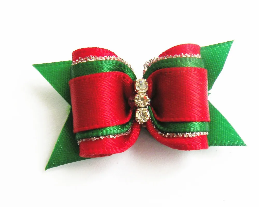 100PC/Lot Red Green Christmas Dog Hair Bows Rhinestone Dog Grooming Bows Pet Accessories
