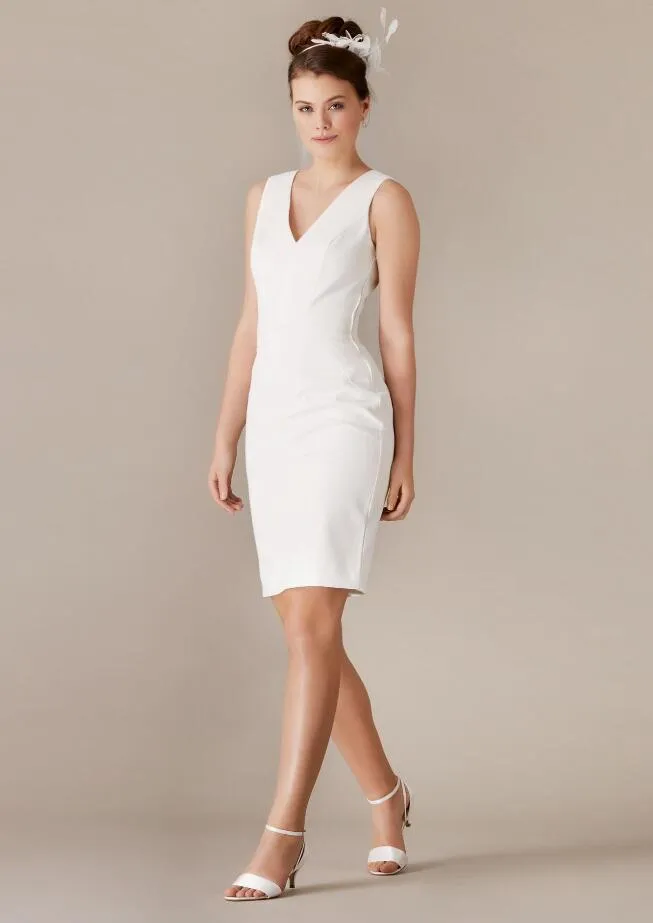 Acima do joelho Informal V Neck Crepe Bainha curto vestido de noiva 2020 Fit mangas Keyhole volta da noiva Casamento ao ar livre do vestido Recep o