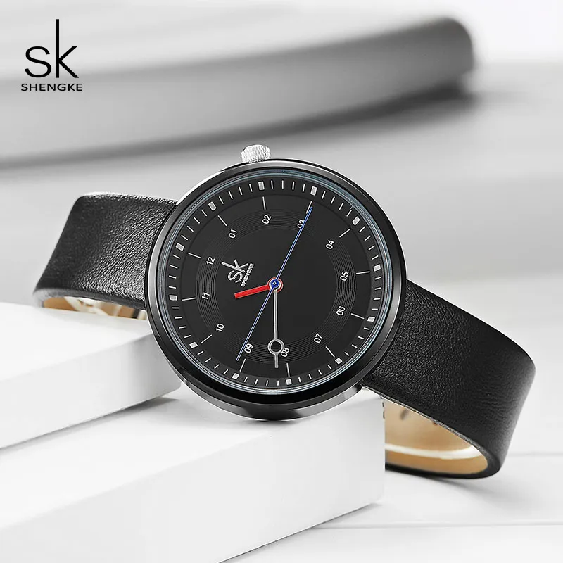 Shengke Fashion Women Watches Black Leather Strap Reloj Mujer New Creative Quartz Watch Women's Day Gift for Women＃K8044305i