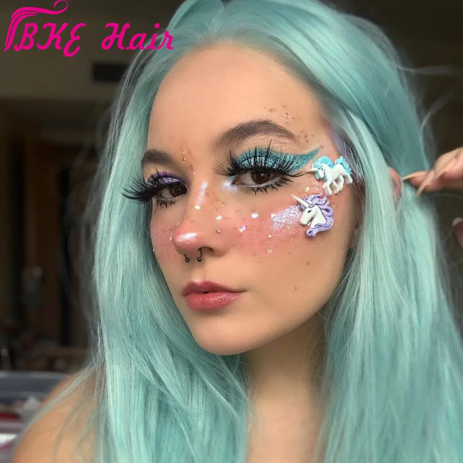 Long Human Hair Lace Front Wigs, Natural Mint Green Straight  display picture 3