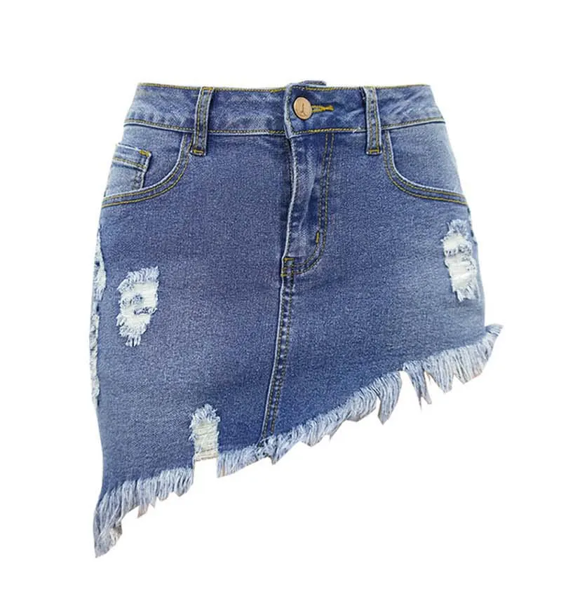 Kvinnor kort denim klänning kjol rippade hål tofsar hög elastiska middare jeans knälängd kjolar a-line casual kvinnlig gratis frakt