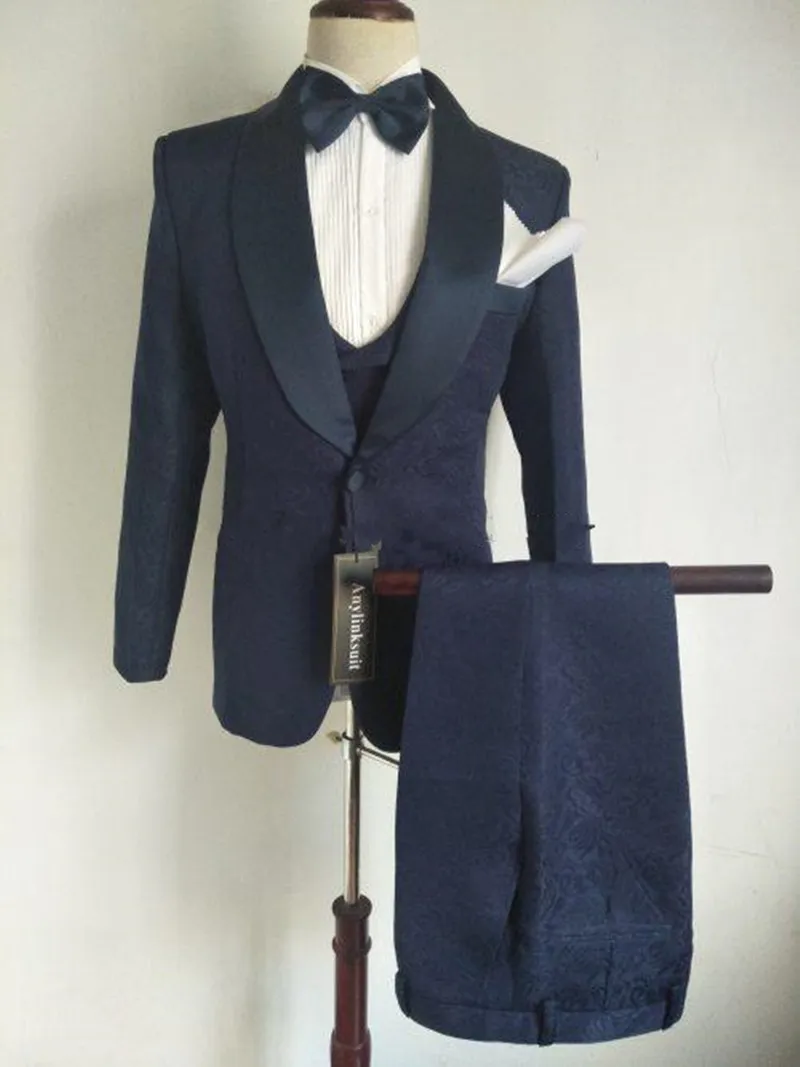 Nuovo design un pulsante blu navy paisley sposo smoking scialle bavero groomsmen mens cena blazer abiti (giacca + pantaloni + vest + cravatta) 464