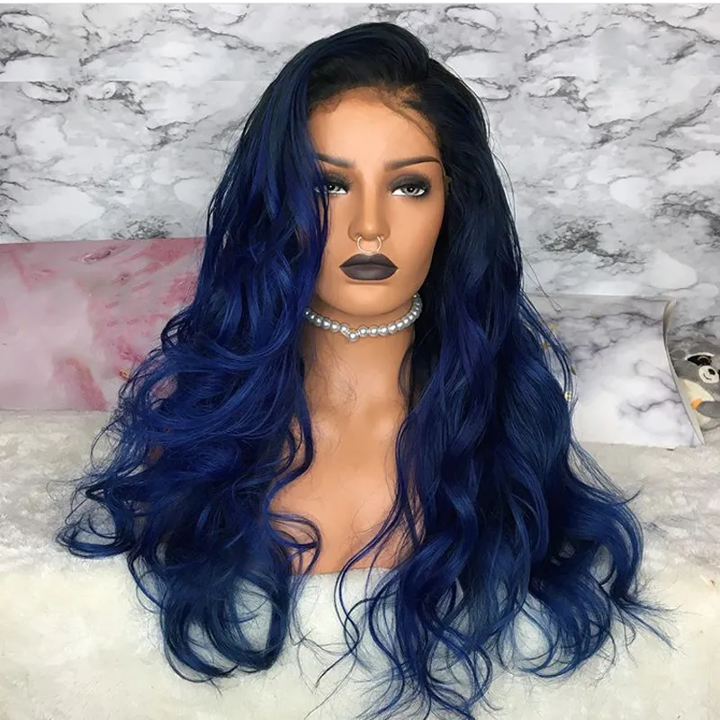 Lado Parte Ombre Peruca Azul Raiz Preta Resistente Ao Calor Glueless 180% Densidade Dianteira Do Laço Peruca Do Cabelo Do Bebê Ondas Do Corpo Sintético Perucas Para As Mulheres