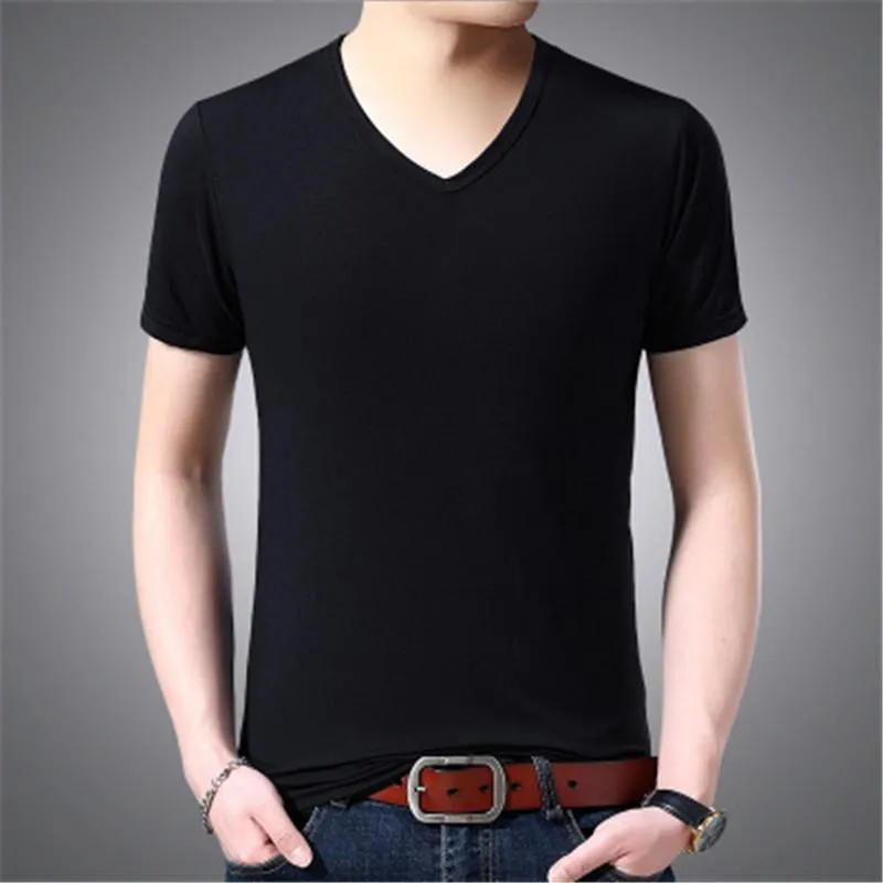 V Neck Elastyczność Casual Topy Człowiek Nowy Oddychający Cool Solid Color Slim Tshirt Mężczyzna Lato Moda Luźna Tee Odzież