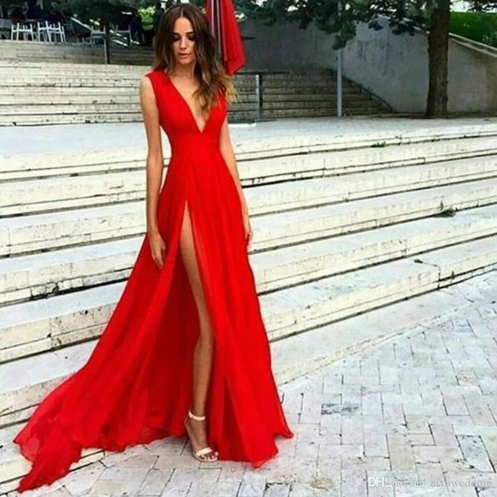 Elegant Red A Line Prom Dress 2020 Deep V Neck, High Slit Evening Gown With  Long Flowing Skirt From Aiyawedding, $111.26