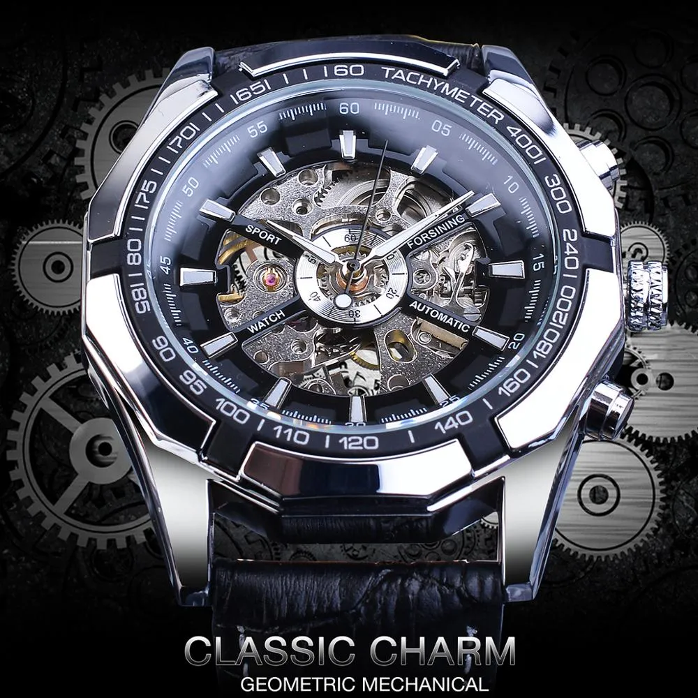 Forsining Brand Mechanical Watch Men Skeleton Steampunk Hand Wind Movement Black Genuine Leather Wrist Watches Reloj Hombre 20192475