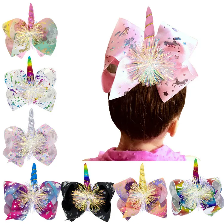 8 kolorów 6 "Duży jednorożec włosy kokardka z klipu Kolorowe Druku Barrettes Gilded Kids Party Christmas Gift