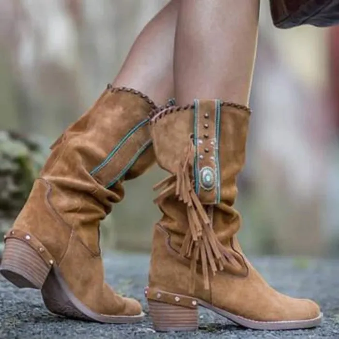 Autumn Bohemian Boots Women Quality Ethnic Tassel Fringe Faux Suede Boot Winter Square Heel Shoes Women Booties Hot sale