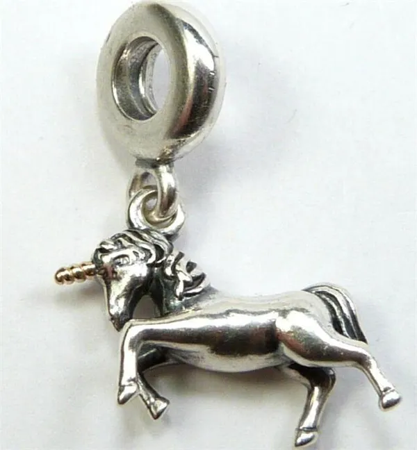 Alta qualità reale S925 argento sterling cavallo unicorno ciondola ciondolo ciondolo adatto per braccialetto Pandora fascino di perline fai da te con piatto d'oro287i