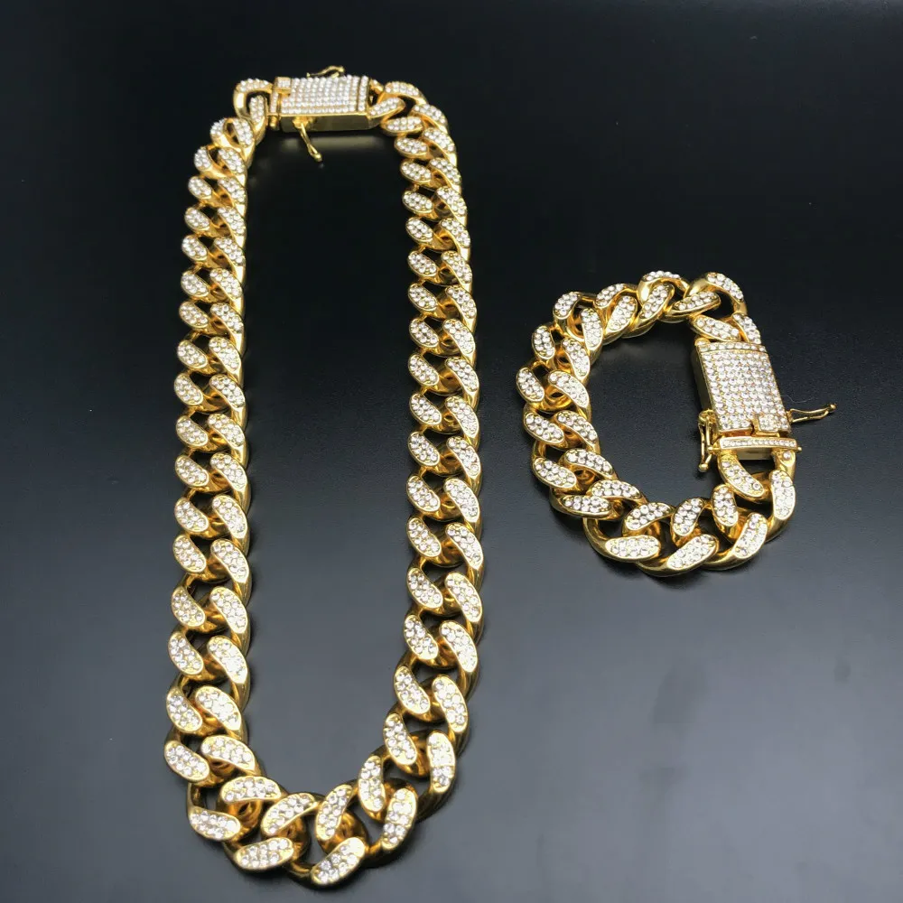 2cm Hip Hop Mężczyźni Złoty Silver Crystal Miami Ice Out Cuban Chain Gold Silver Men Naszyjnik Amp Bransoletka Zestaw Hip Hop dla Men King