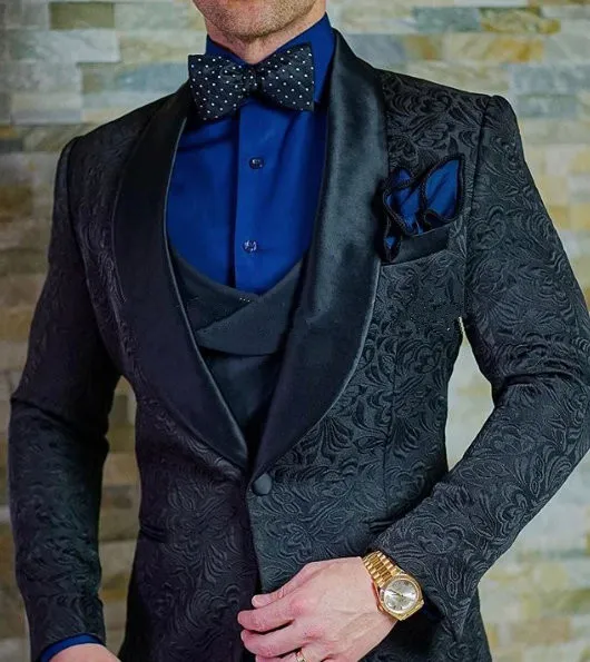 Date hommes costumes noir motif marié Tuxedos châle Satin revers garçons d'honneur mariage meilleur homme (veste + pantalon + gilet + cravate) L422