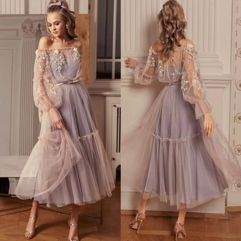 Verbluffende appliqued prom -jurken van de schouder lange mouwen avondjurken een lijntheellengte tule formele jurk 407