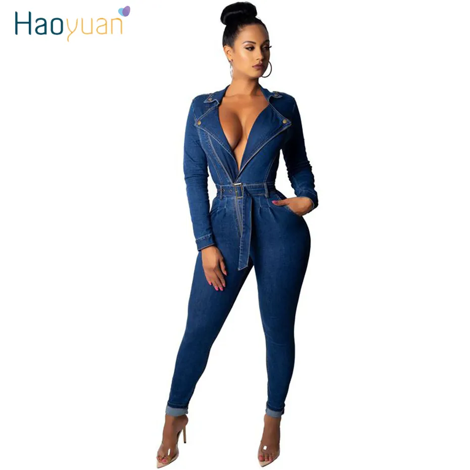 Haoyuan seksi denim tulum yüksek streç kıyafetler kulüp tulumlar uzun kollu bodycon kot pantolonlar kadın tulum