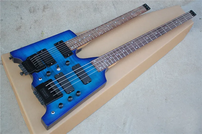 Double Neck Headless 4 + 6 Saiten E-Gitarre / Bass mit Blau Körper, Schwarze Hardware, Palisander Griffbrett, kann sein besonders anfertigen