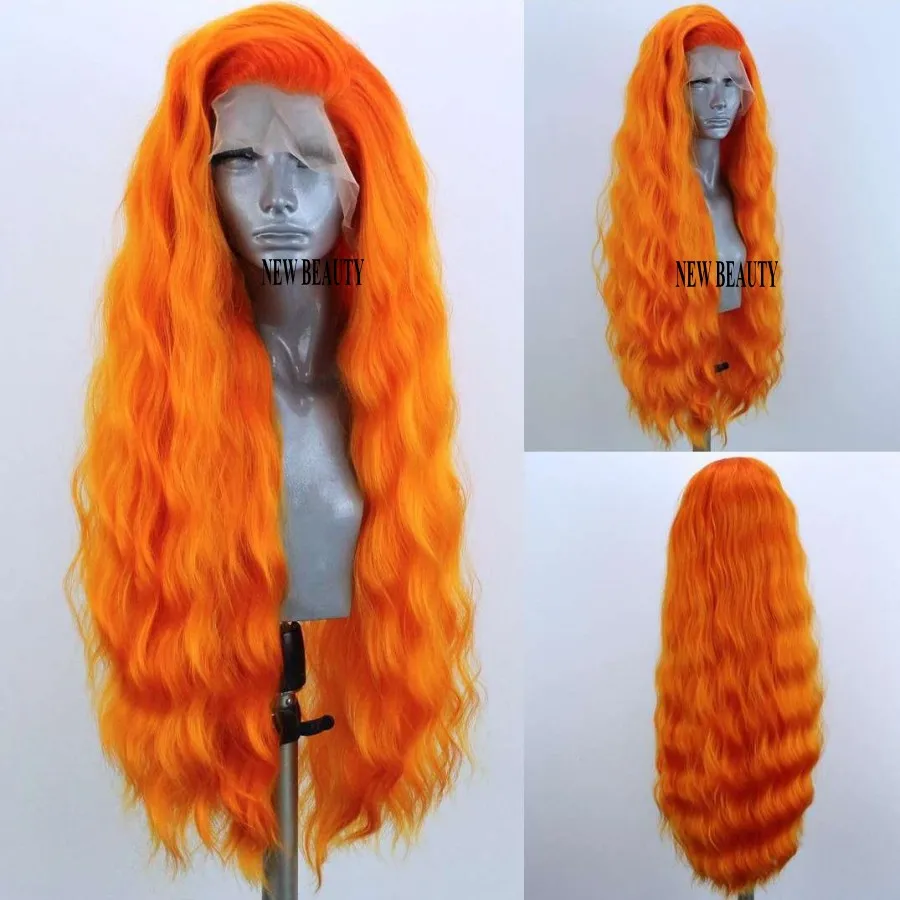 Mode stil orange färg lång lös våg syntetisk spets fram peruk glueless cosplay party peruker för svarta kvinnor värmebeständigt fiber hår