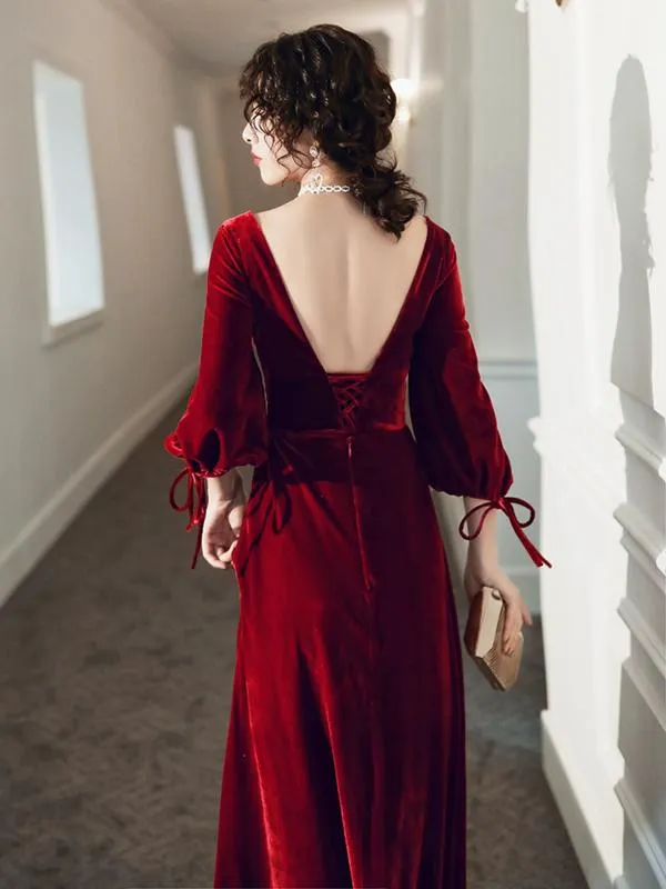 Burgundy Velour Evening Dresses 2020 Women Party Night Formal Long