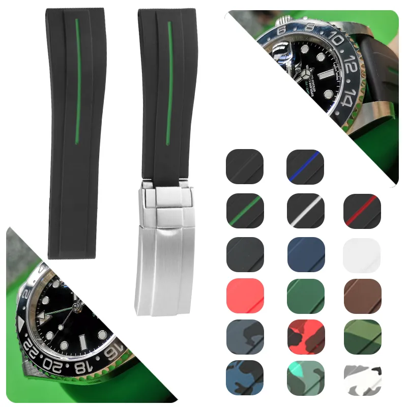 Pulseira de relógio de borracha de aço inoxidável com fivela dobrável para relógio GMT Oysterflex pulseira relógio masculino 20 mm vermelho preto azul vermelho marrom