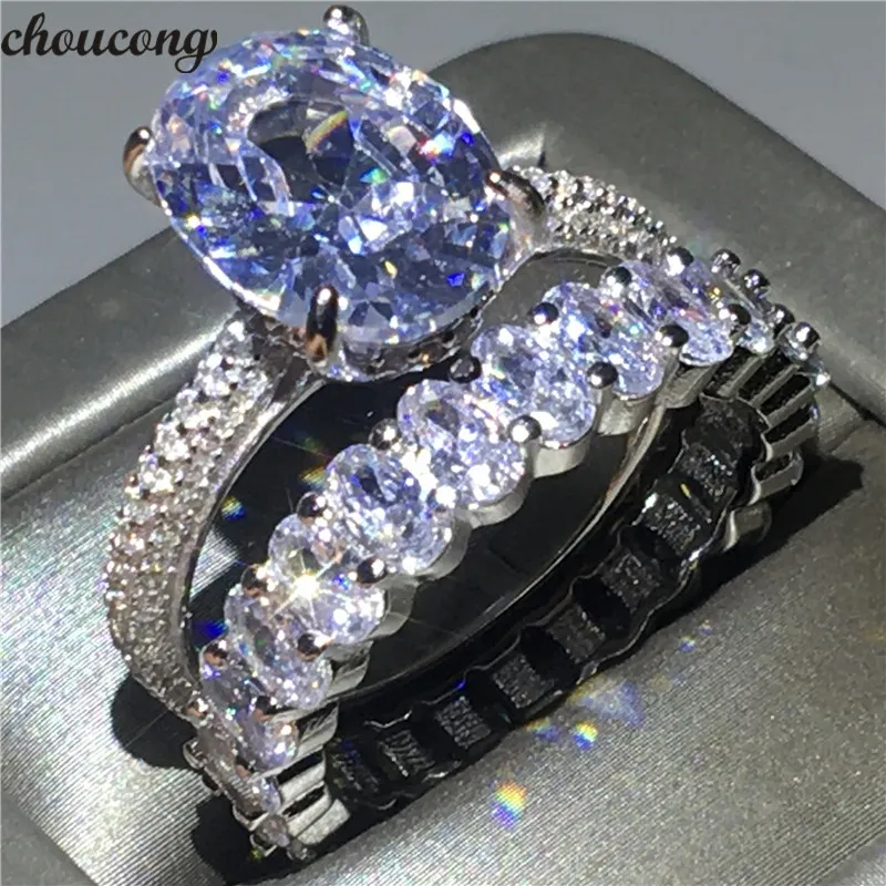 Choucong 100% Gerçek 925 Ayar Gümüş Promise Ring Set Oval kesim Temizle 5A Zirkon Sona Cz Nişan Düğün Band Yüzükler Kadınlar için