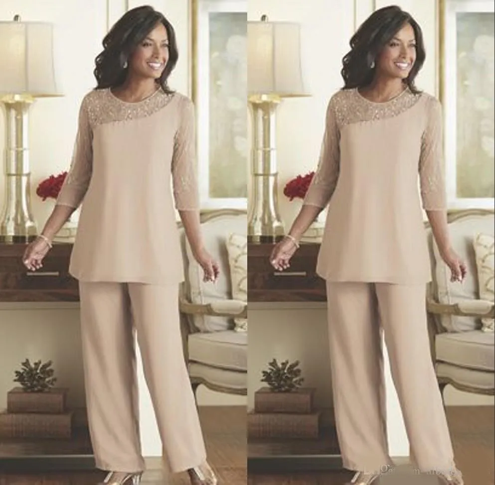 Elegant Mother Of The Bride Pant Suits Chiffon Custom Made Long Sleeves ...