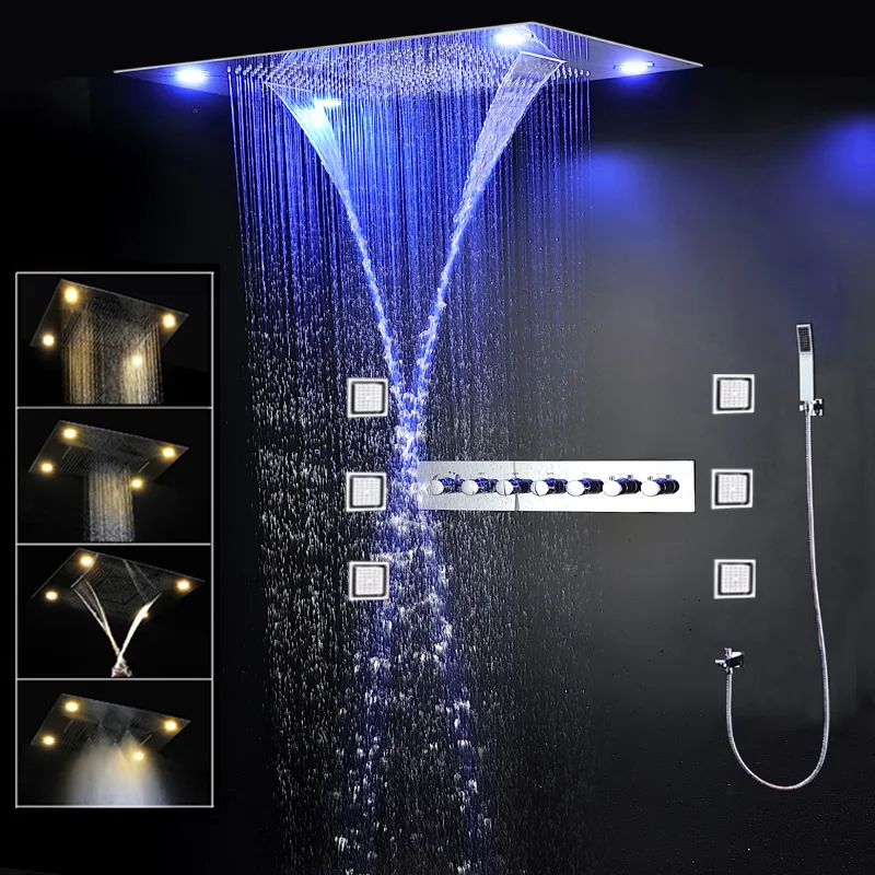 Banheiro LED Torneiras de Chuveiro 600 800mm Teto SPA Névoa Cachoeira Chuvas Chuveiro Conjunto Termostático Misturador Chuveiro de Luxo Com Mas295O