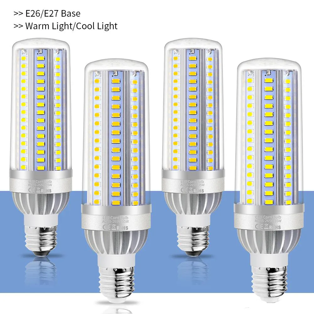 السلطة العليا الصمام الخفيفة الذرة E27 LED مصباح 25W 35W 50W لمبة شمعة 110V E26 الألومنيوم مروحة التبريد لا الرجفة الخفيفة 5730