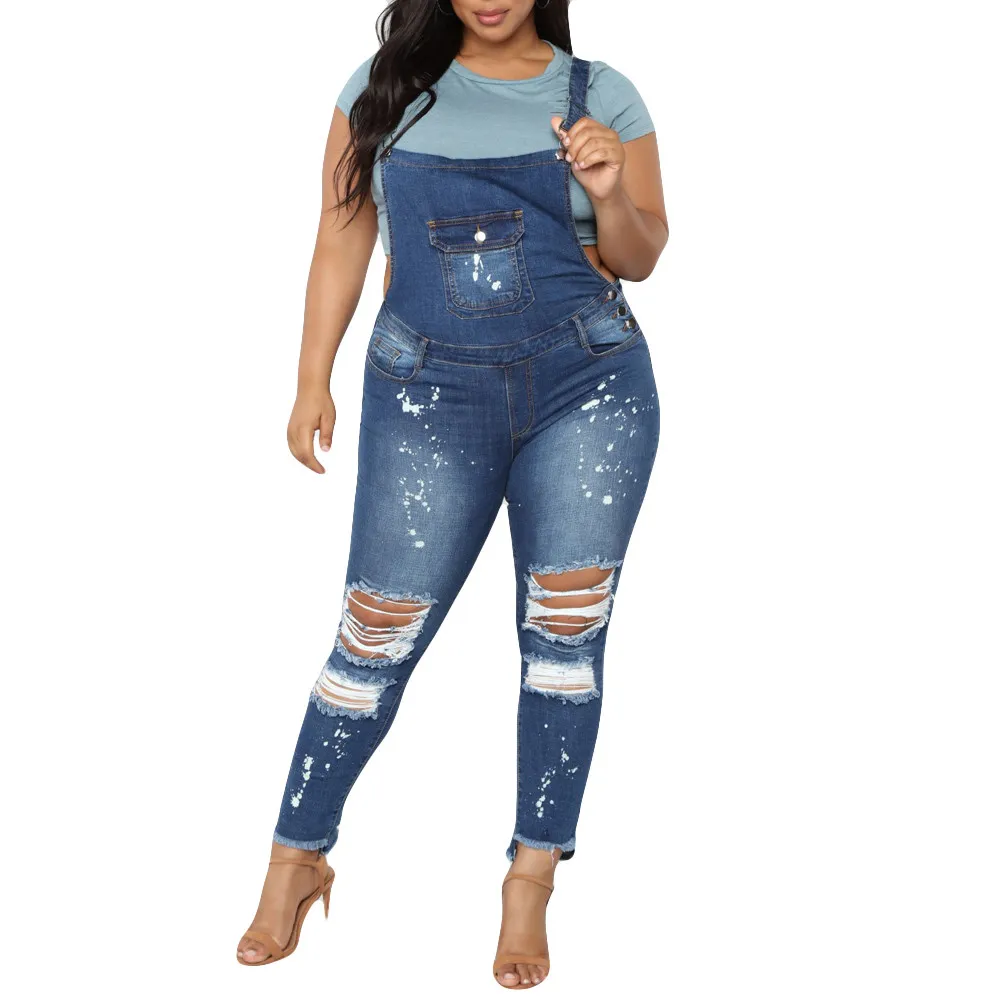 Women Casual Denim Bib Slim Pants Overalls Jeans Straps Demin Trouser Hole Zipper Jumpsuit #0225