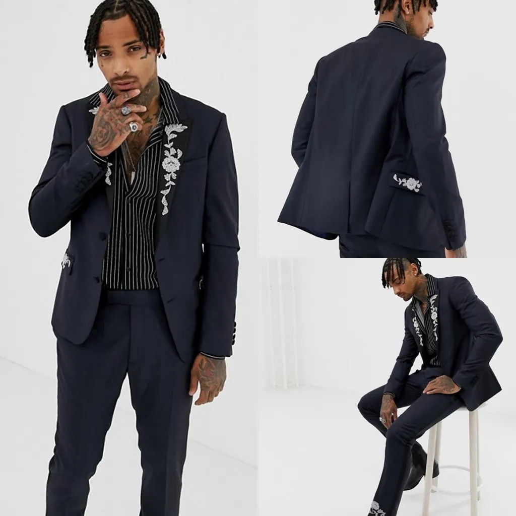 Siyah Arka Vent Erkek Düğün Smokin Aplike Ile Doruğa Yaka 2 Parça Damat Takım Elbise Yakışıklı Resmi Adam Blazer Ceketler (Ceket + Pantolon)