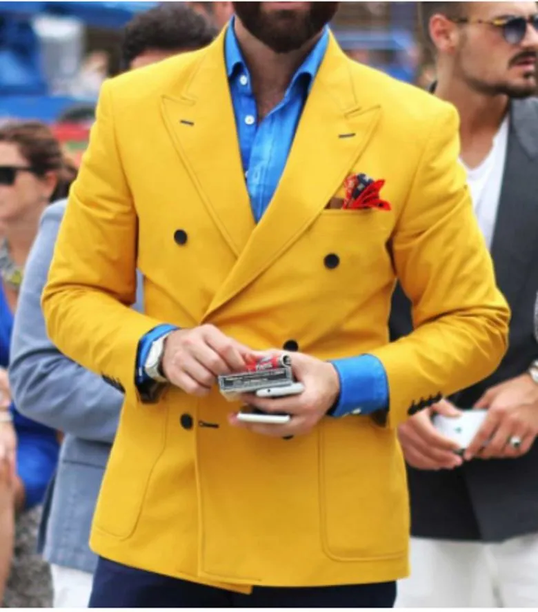 Tuxedos de marié à Double boutonnage personnalisé, manteau à revers jaune pour hommes, Blazer, vêtements de fête de bal (veste + pantalon + cravate) W:906
