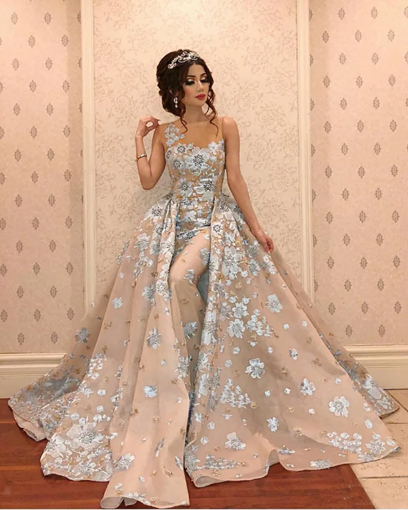 Nowa luksusowa koronkowa Syrenka Suknie Wieczorowe z odpinanym koralikami pociągami Appliqued Prom Suknie Elegancka Formalna Party Druhna Pagewana Sukienka