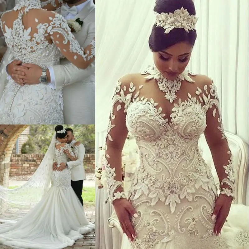 Luxury Rhinestones Mermaid Wedding Dresses African Custom Made Sheer Long Sleeves Lace Appliques High Neck Bridal Gowns vestidos de novia