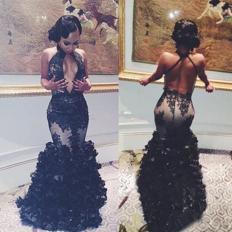 Stunning Black Lace Halter Mermaid Prom Dress Elegant Tulle Evening Gown with Sexy Backless Design