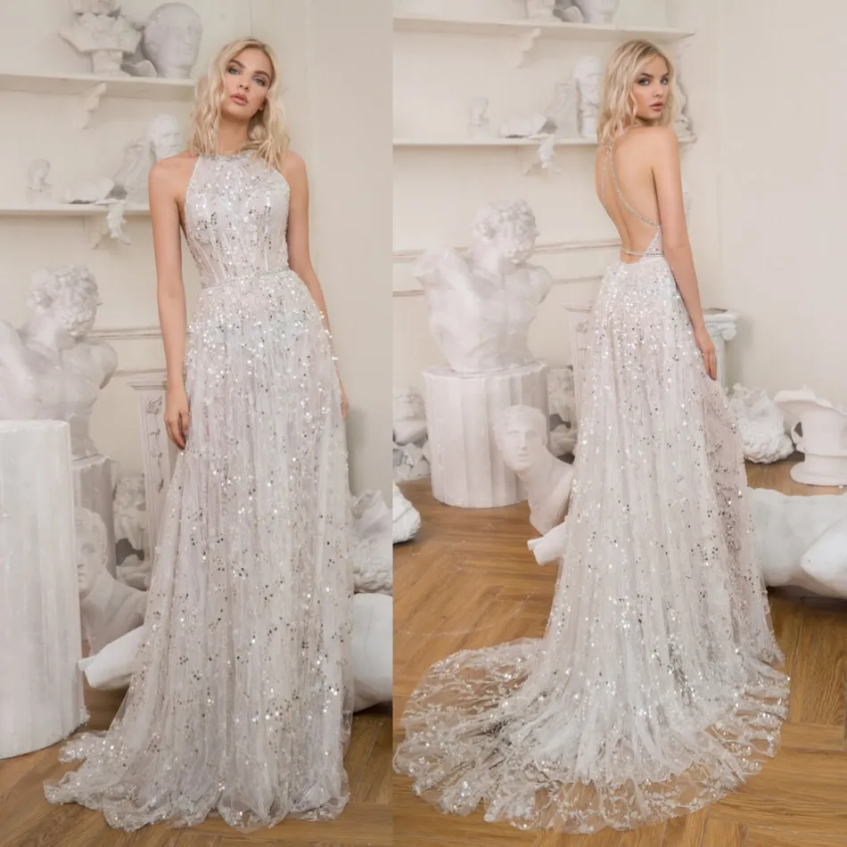 Paillettes 2020 robes de mariée Illusion Halter dos nu Applique balayage train perlé robes de mariée grande taille robe de mariée Robe de mariée