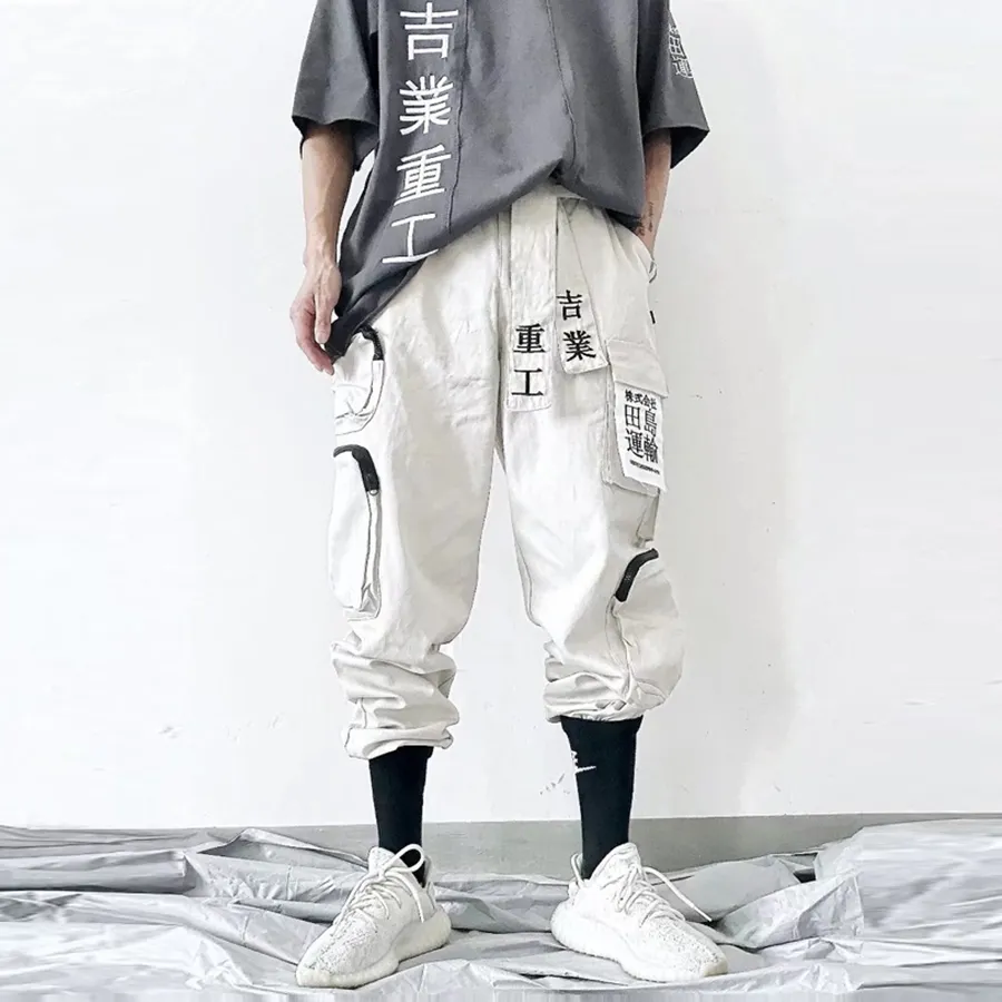 Pantaloni cargo larghi neri da uomo con cinturini Pantaloni da uomo estivi da uomo con cinturini neri bianchi da donna Hip Hop LC752