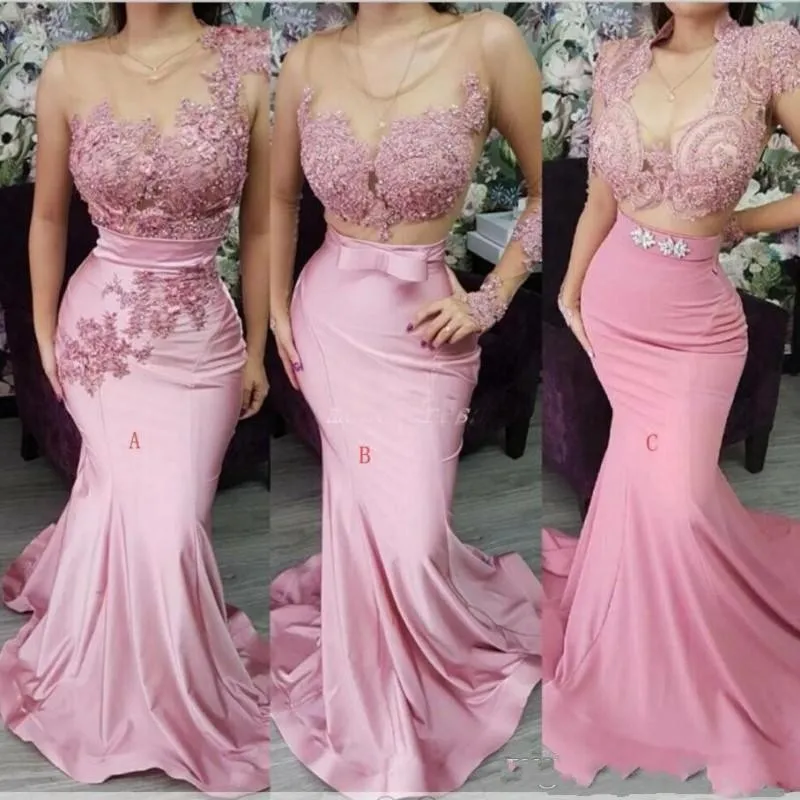 2023 Sexy Rosa Meerjungfrau Brautjungfernkleider Gemischte Stile Spitzenapplikationen Perlenschärpen Für Hochzeit Trauzeugin Kleider Abschlussball Abendkleid Plus Size Bodenlang