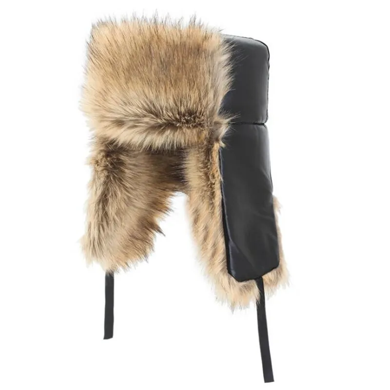 Winter Thicken Bomber Hats Women Men Warm Russian Ushanka Hat with Ear Flap Pu Leather Fur Trapper Cap Earflap