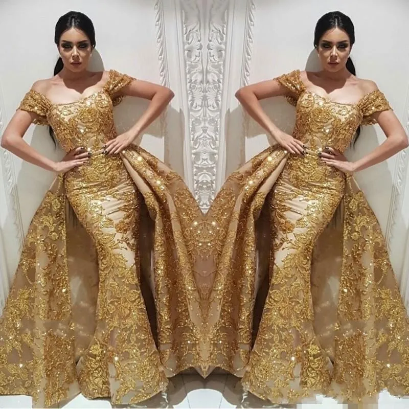 Yousef Aljasmi Abendkleider, Meerjungfrau-Abschlussballkleid mit goldenen Pailletten, Spitze, abnehmbarer Überrock, glitzernde arabische Dubai-Anlasskleider 2019