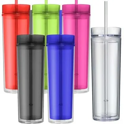 16oz chudy akrylowy kubek z pokrywką i słomy 480ml sippy kubek podwójna ściana przezroczysta plastikowy kubek BPA Free 16oz prosty picia kubek butelki