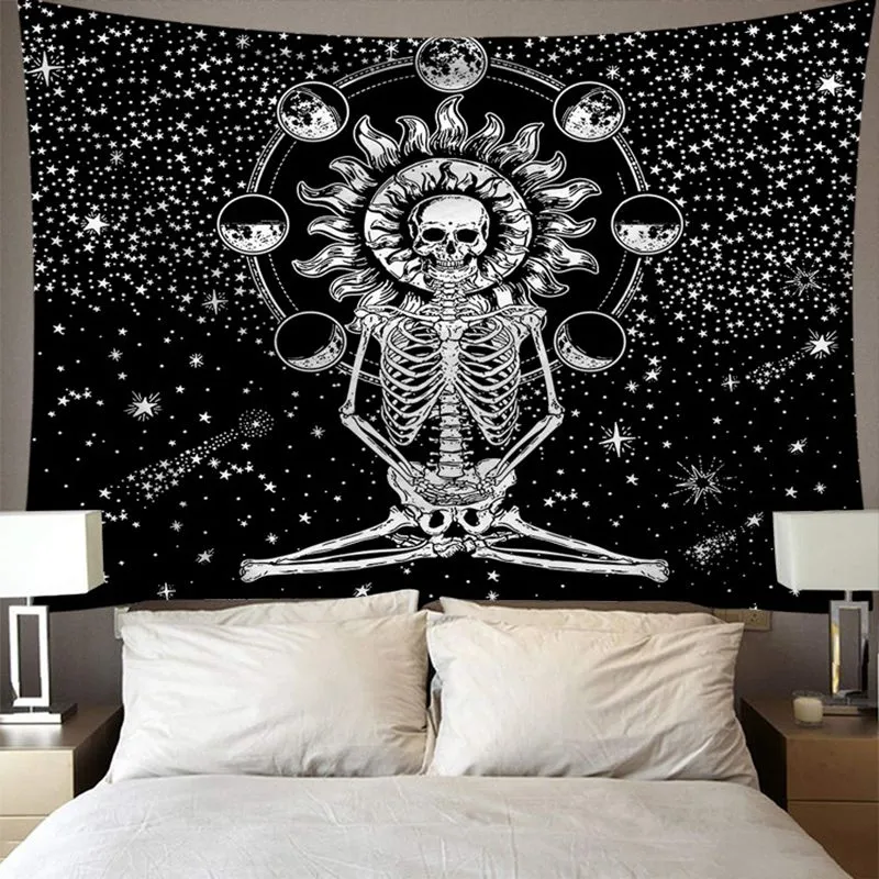 svart skalle tapestry natur blomma blommig vägg hängande konst kreativ headboard dekoration sovsal sovrum tapiz modern tenture väggmålning