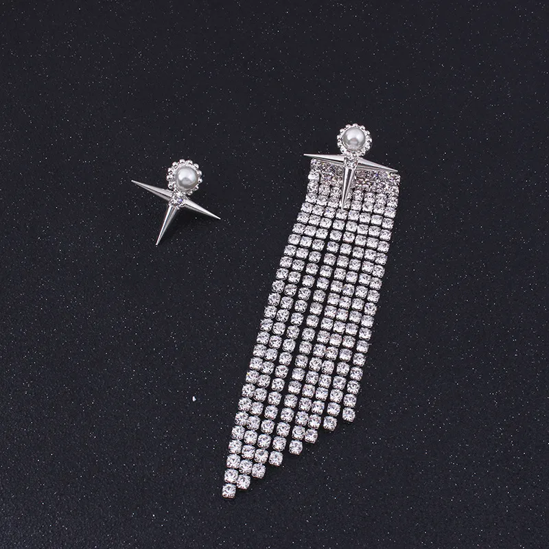 Wholesale- fashion luxury designer full rhinestone diamond asymmetry long tassel pearl stud earrings for women