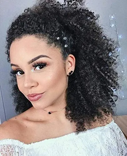One Piece Kinky Curly Drawstring Ponytail Human Hair With Bang Bun