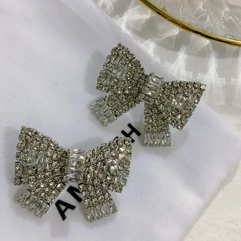 Boucle d'oreille à nœud papillon en strass scintillant pour femmes, bijoux en cristal de haute qualité, argent et or, cadeau