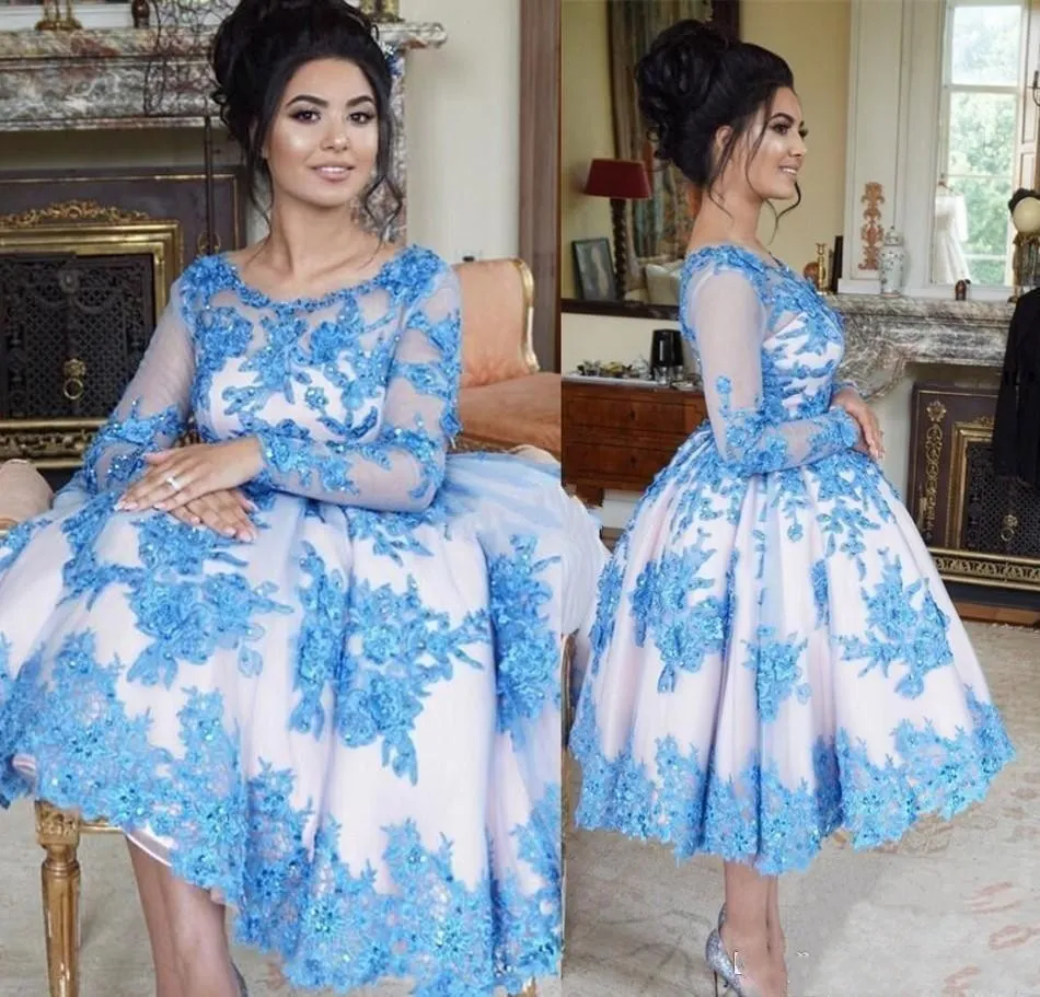 Yeni Arapça Kısa Mini Balo Kokteyl Elbiseleri Scoop Dantel Aplike Boncuk Illusion Uzun Kollu Çay Boyu Tül Balo Parti Mezuniyet Elbisesi