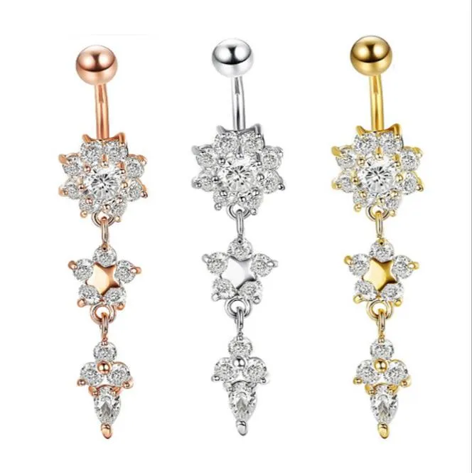 2020 Nieuwe Indiase Dangle Belly Bars Belly Button Gold Rings Belly Piercing Crystal Flower Body Sieraden Navel Piercing Ringen GD333