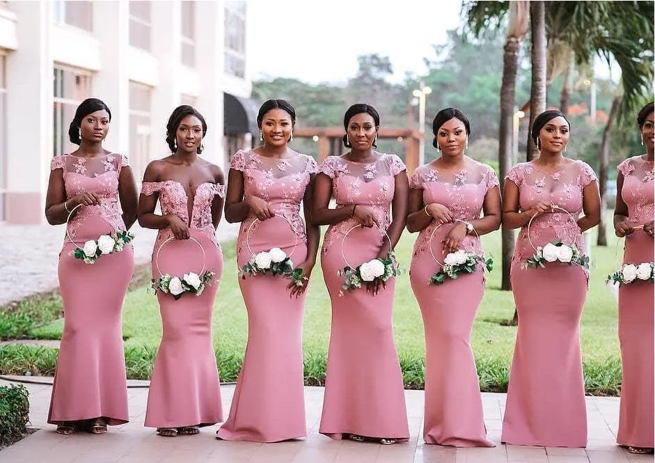 2020 sul-africano nigeria rosa sereia damas de honra vestidos sexy plus size sheer neck lace apliques até o chão vestido de convidado do casamento