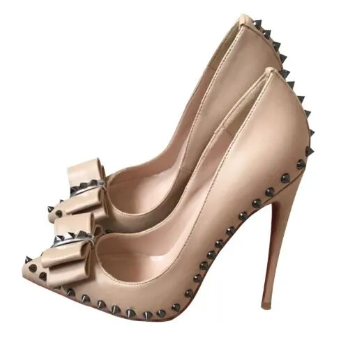 Hot Sale-Nude Sheep Pattern Butterfly Riveted Studded High Heel Shoes Women's 12cm Stiletto Heel Pointed Toes Shoe Sexy Party Dress Shoes