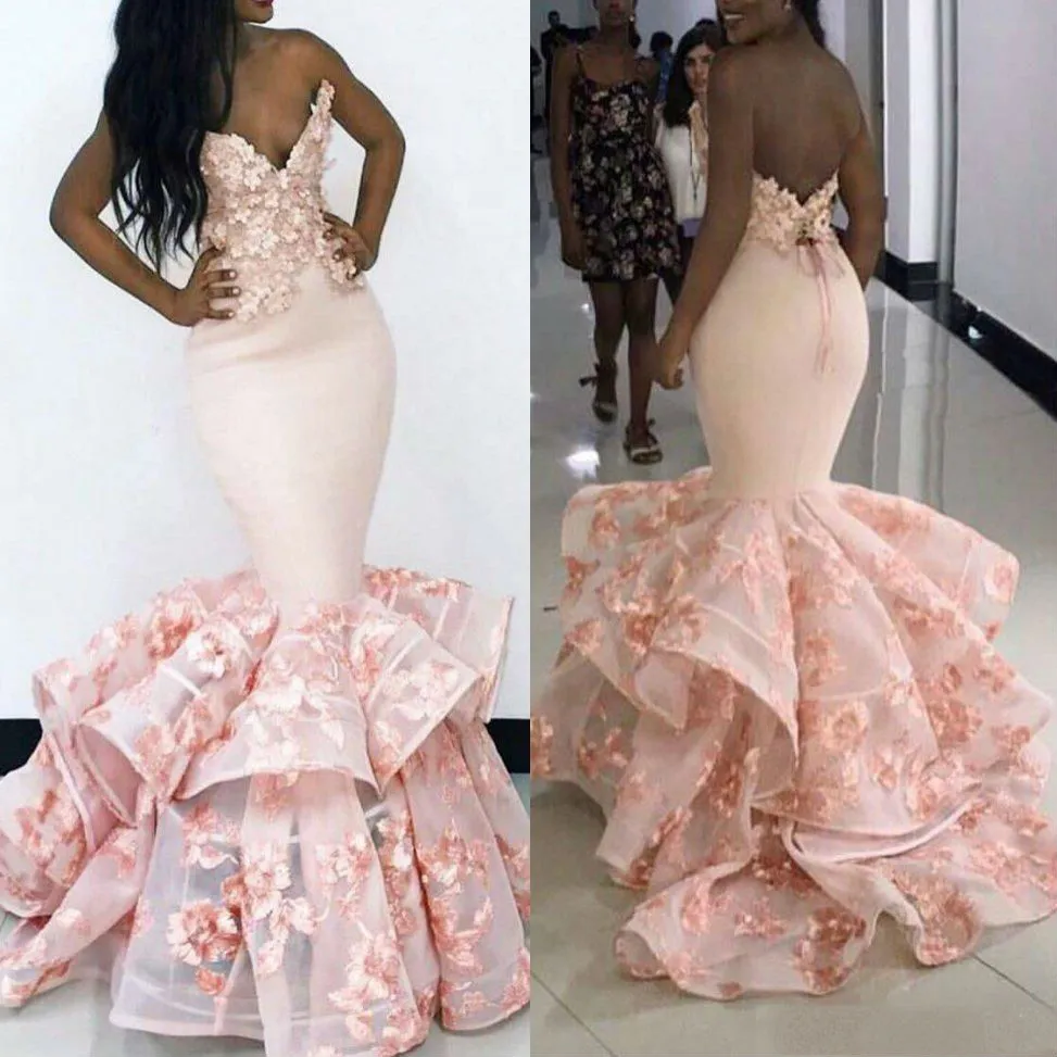 Gorgeous Pink Mermaid Prom Dresses Sleeveless 3D Floral Appliques Formal Evening Gowns Backless Tiered Ruffles Cocktail Party Dresses